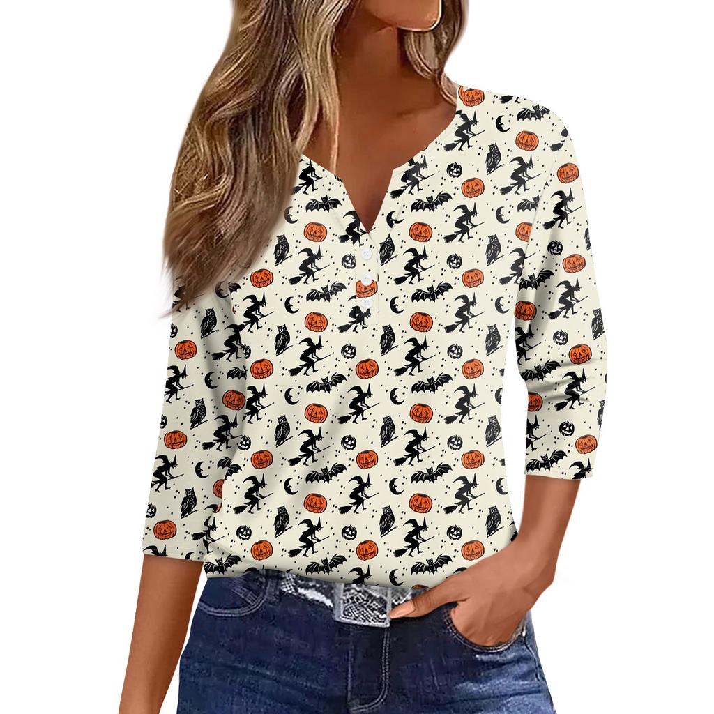 Women's T Shirt Tee Halloween Print Button  3/4 Sleeve Daily Weekend Fashion Basic V- Neck Regular Top
