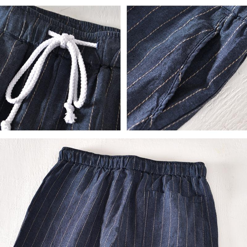 Летние хлопковые льняные мужские брюки, узкие брюки с эластичной талией и завязками на шнурке, повседневные дышащие модные полосатые мужские брюки