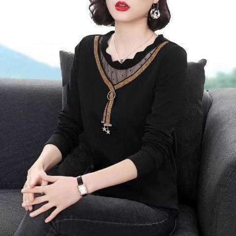 New Women's Top Spring and Autumn Base Shirt for Women Korean Loose Lace Shirt Middle-aged Mother's Long-sleeved Shirt