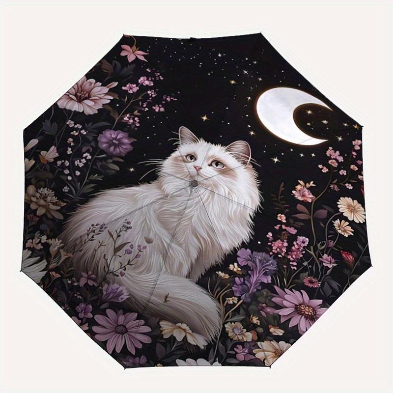 1pc Starry Sky and White Cat Automatic 3-Fold Umbrella Design, Cute Cartoon Pattern, Portable Outdoor Umbrella, Perfect, Holiday Gift for Disney fans.