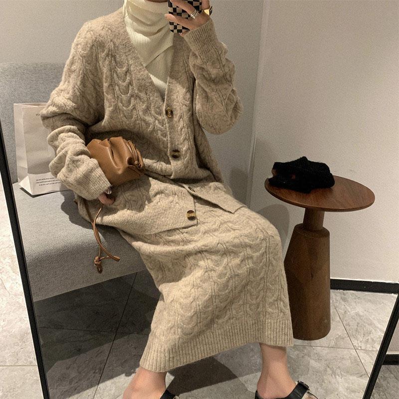 Женский свитер, зимний комплект из двух частей, элегантные вязаные свитера, винтажная женская юбка с высокой талией, осенние винтажные платья