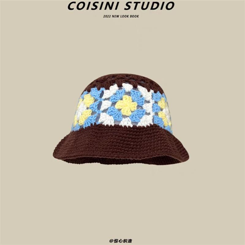 Ретро полая вязаная вручную шапка-горшок с цветком, женская осенне-зимняя, милая, универсальная, шерстяная шапка, демонстрирующая небольшой тренд