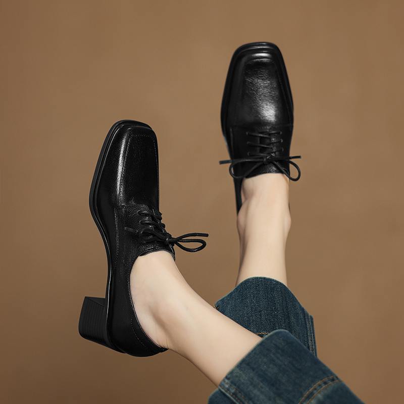 Krazing Pot Sheep Skin Spring Summer Size 42 Size 41 Chunky Heels Women Square Toe Lace Up Deep Mouth Pumps