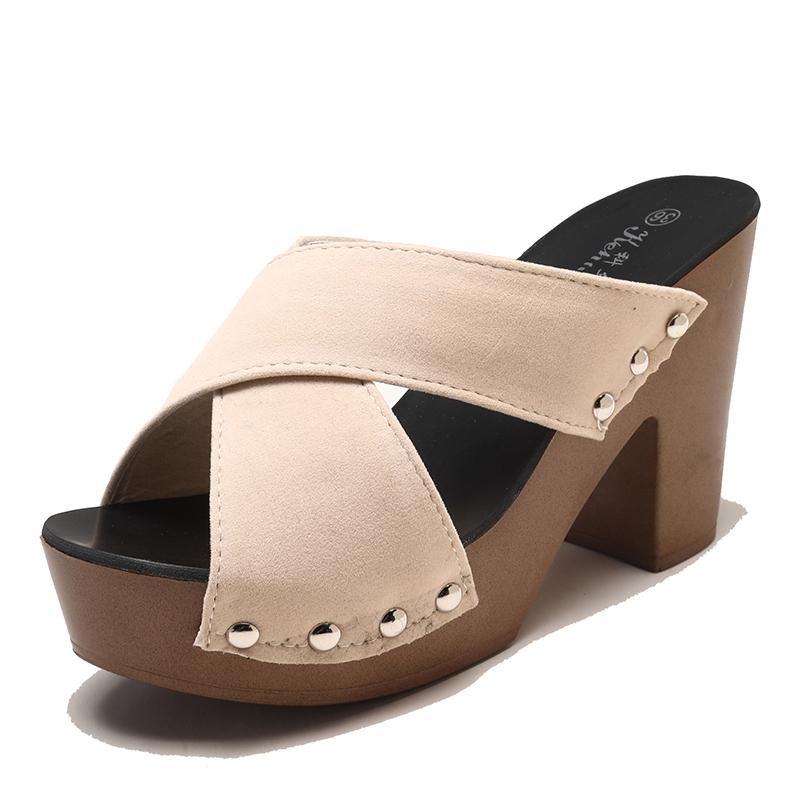 Летние женские босоножки на высоком квадратном каблуке на платформе из флока, повседневные туфли-лодочки с заклепками, с открытым носком, женские элегантные туфли Zapatos De Mujer