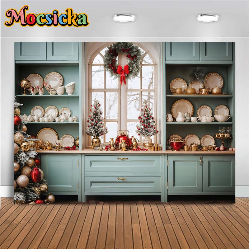 Mocsicka Рождественский кухонный фон для фотосъемки Рождественская елка Посуда Шкаф Украшения Семейная вечеринка с детьми Фон для фотосессии Реквизит