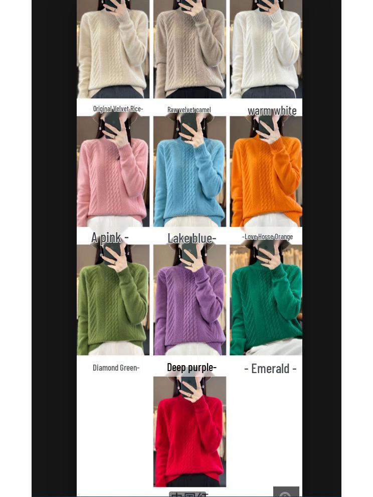 Женский шерстяной свитер с полувысоким воротником - Однотонный, Вязаный косами, Смесь кашемира, Утепленный базовый слой, Модный Осень/Зима 2023.