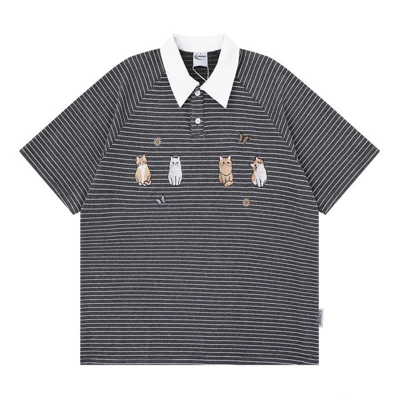 Cute Cat Embroidery Polo Shirts Loose Fit Short Sleeve Tops Couples Japanese Style Casual Wear