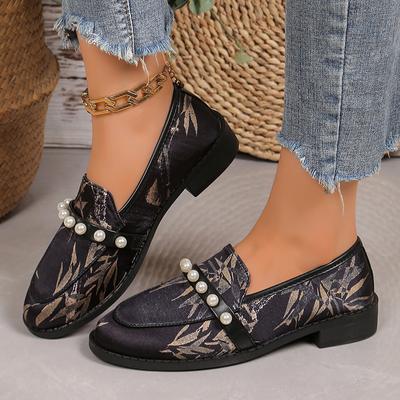 Lucyever Роскошные черные мокасины с бисером для женщин, большие размеры, на низком каблуке, офисная рабочая обувь, женские удобные туфли на мягкой подошве без застежек