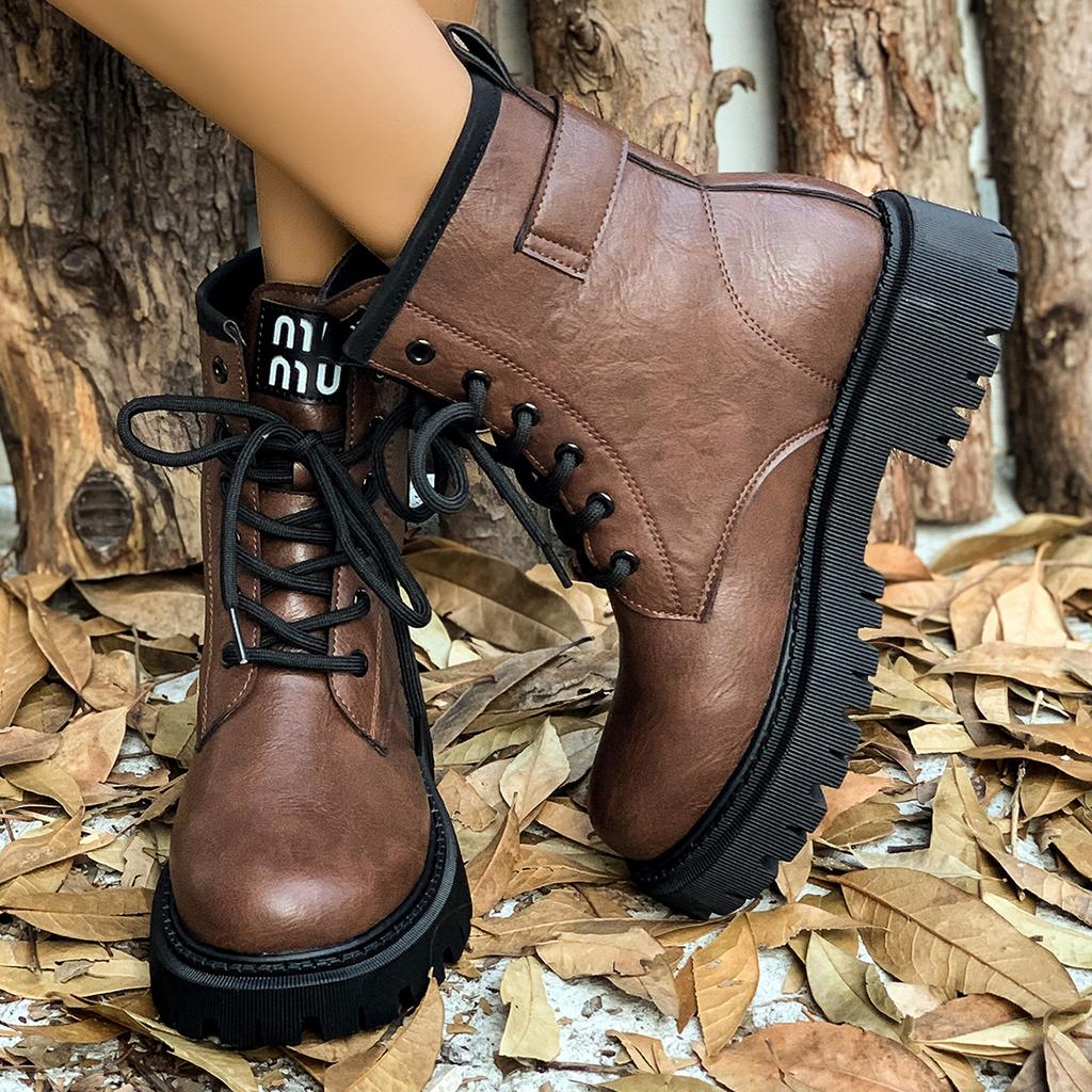 Мода женские модные армейские ботинки черные ботильоны на платформе со шнуровкой женские осенне-зимние пряжки нескользящие ботинки из искусственной кожи 2024