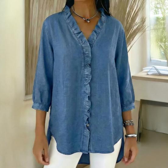 Женские Топы с V-образным вырезом, 3/4 Рукава, с Отделкой Воланами, Свободного Кроя, Однотонные, Повседневные, Рубашки под Джинсу, Для Повседневной Носки