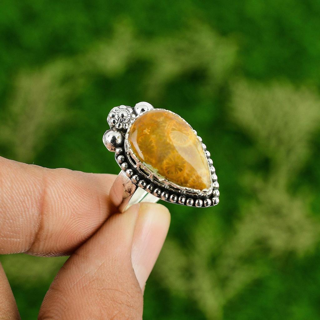 Sterling Silver Fossil Coral Stone Wedding Bezel Handmade Artisan Birthday Ring