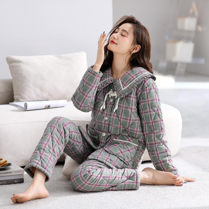 Одежда для сна, женская зимняя новая трехслойная утепленная плюшевая тканая куртка из чистого хлопка с теплым комплектом домашней одежды