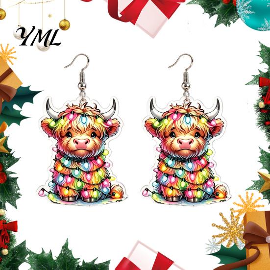 Decorative Holiday Jewelry 1 Pair Acrylic Highland Cow Christmas Earrings for Women, Cute Scottish Cattle Creative Dangle Drop Earrings, Cartoon Farm