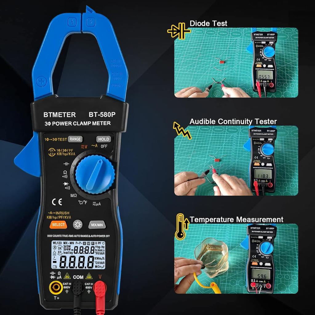 BTMETER 580P 3-Phase True-RMS Power Clamp Meter, 9999 counts. Supports AC/DC voltage & current, KW/HP, power factor, KVA/VAR, inrush current and
