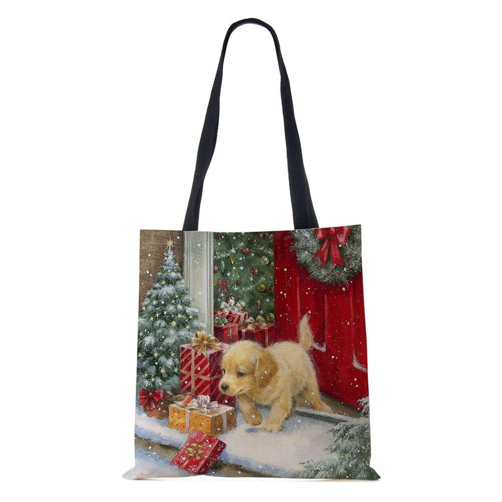 Рождественская елка Подарок Харадзюку Холщовая сумка-шоппер Рождественская собака Женская многоразовая сумка через плечо Большая вместимость Складная сумка для хранения KTY