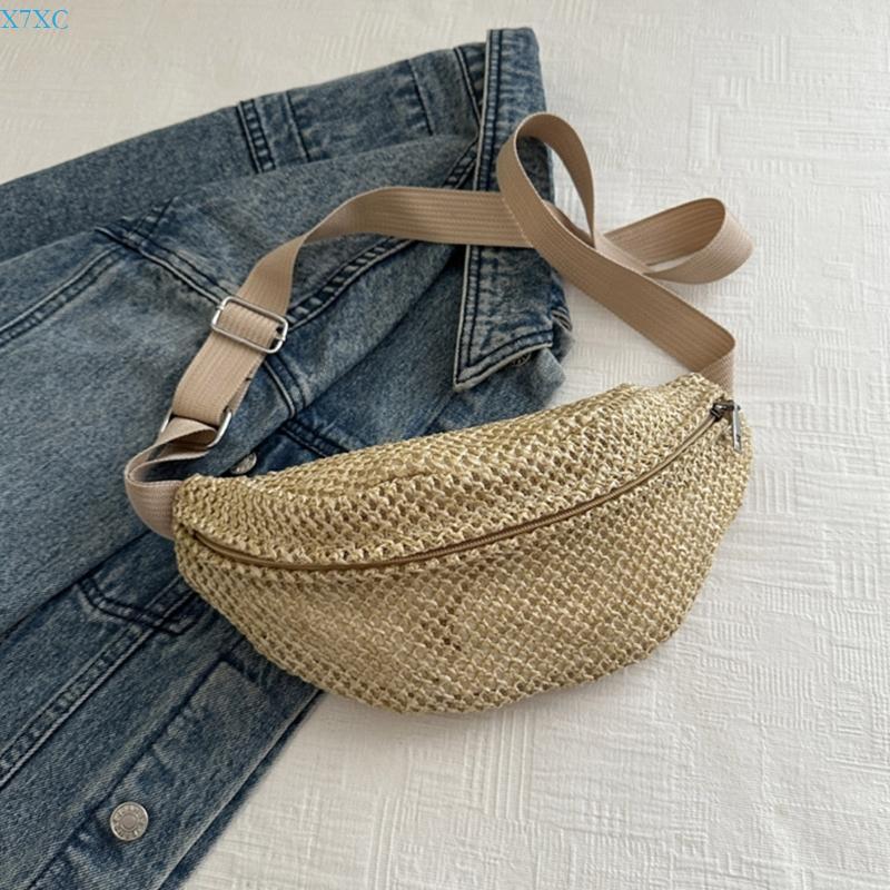 X7XC Women Casual Straw Crossbody Bag Woven Chest Bag Belt for Outdoor Activity