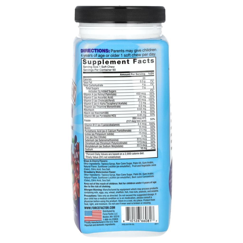 Force Factor Детский, супер жевательный мультивитаминный, вишня, клубника, арбуз, виноград, 60 мягких жевательных таблеток