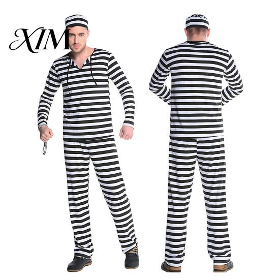 Jail Inmate Uniform Prisoner Costume for Adult, Women Striped Mini Dress, Men Top Prison Uniforms Pants, Halloween Dress-Up with Hat & Cuffs Pants
