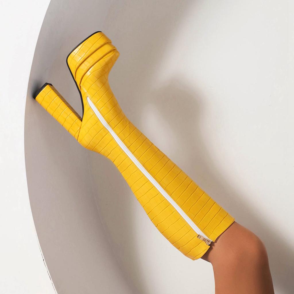 Krazing Pot ПУ Осенне-зимняя обувь на очень высоком каблуке с каменными узорами Европейский дизайн Платформа Сохраняет тепло Высокие сапоги до бедра