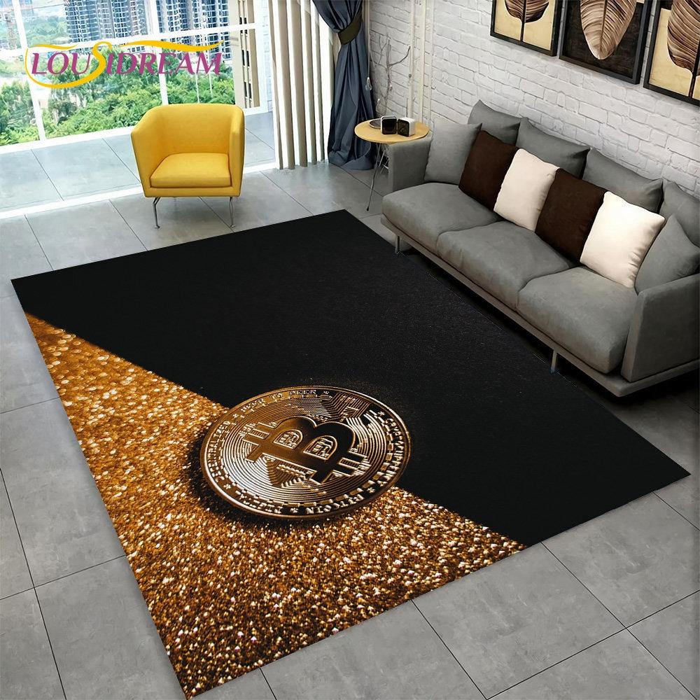 3D Bitcoin Virtual Currency Area Rug Large Carpet Rug for Living Room Bedroom Sofa Playroom Doormat Decor Kid Non-slip Floor Mat
