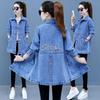 Women Single Breasted Long Denim Jacket Irregular Hem Mid-Length Turn-Dwon Collar Flap Pockets Ladies Slim Coat Women Outwear