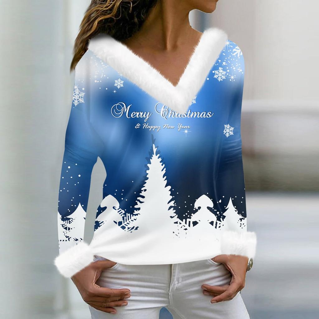 Women's Fashion Casual Long Sleeve V-Neck Christmas Printed Plush Top