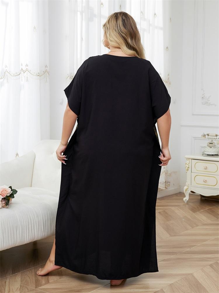 EDOLYNSA Женский свободный черный кафтан с золотой вышивкой, пляжная одежда, купальник, домашняя одежда, богемное пляжное платье Q1656