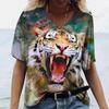 Summer V-neck 3D Animal Tigers Leopards Lions Printed Top Fashionable Casual Short Sleeved Women's T-shirts