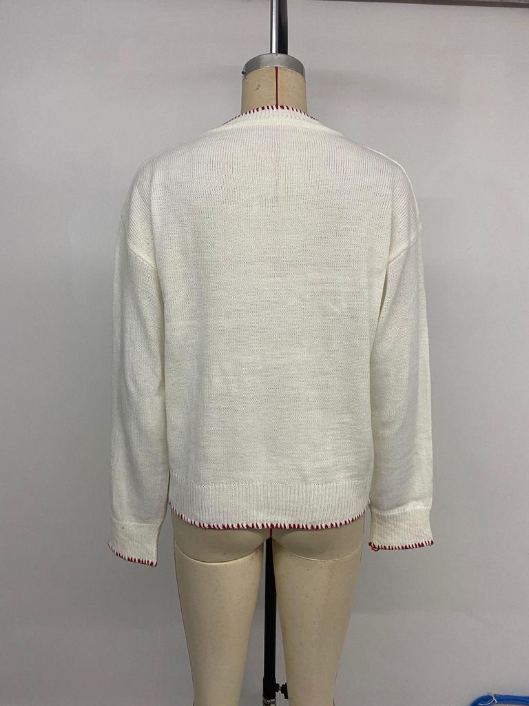Women's Pink Bow Long Sleeve Christmas Sweater, Autumn/Winter European American Style, Loose Round Neck Knit Top