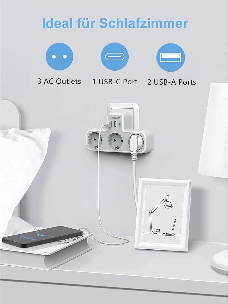 Tessan EU KR Plug Multi Outlets Power Strip with USB Ports Type C Wall Charger Electric Extension Socket Adapter for Home Office
