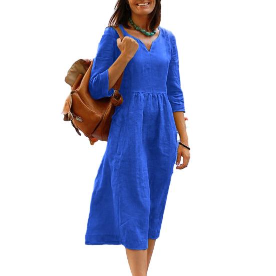 Летнее мини-платье с v-образным вырезом, рукавами три четверти, сплошной цвет, плиссированные карманы, свободная длина до середины икры, мягкая дышащая винтажная женская одежда