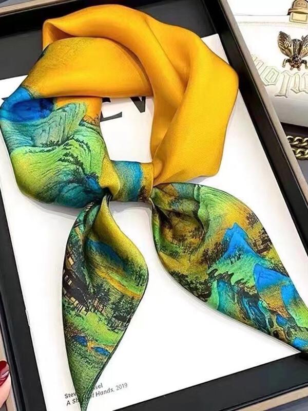 SIYUTANG 70cm Silk Square Scarf with Oil Painting Design