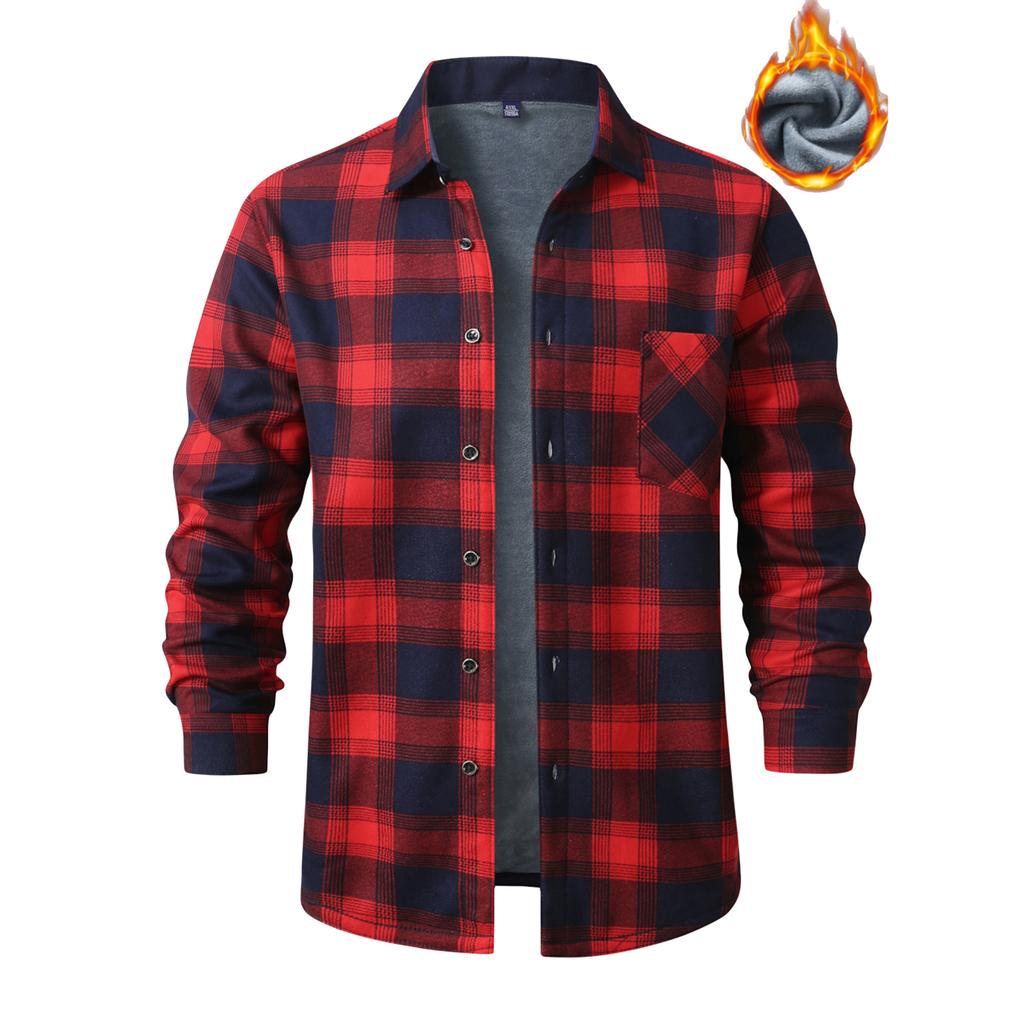 Men's Fleece And Thickened Warm Checked Button Shirt, Men's Fashionable Square Collar Casual Long-sleeved Top