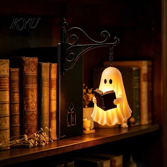 Heavy Duty Book Ends Gothic Metal Bookends with Hanging Light, Cat Raven Ghost Decorative Black Moon Support Bookshelf Lamp, Vintage Church
