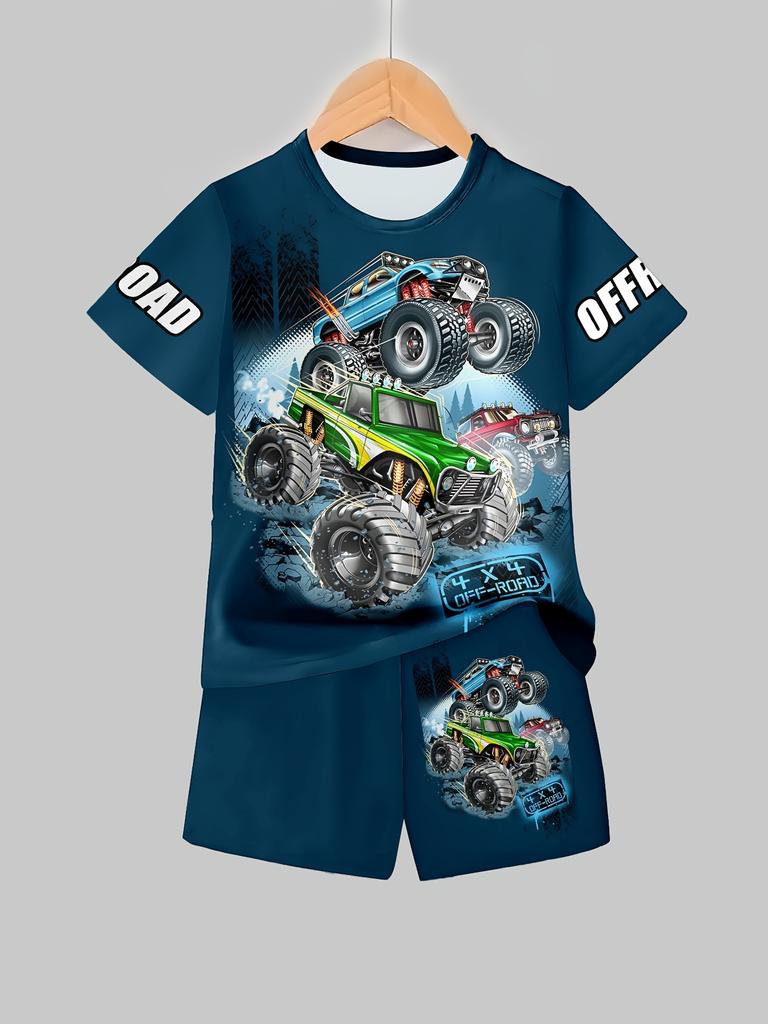 3D Monster Truck Print Casual Short Sleeve T-Shirt and Shorts Fashion Set for Summer Play Casual Shorts Boys and Girls Set