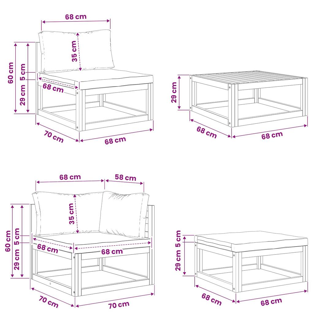 Sofa Set 5 Pieces Natural Solid Acacia Wood