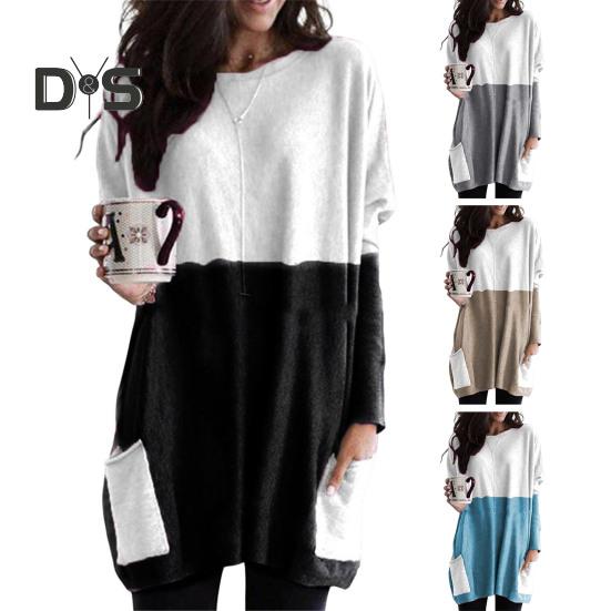 Женские топы с круглым вырезом, длинным рукавом, цветные блоки, пуловеры, топы с карманами, свободный крой, рубашка средней длины, повседневная одежда