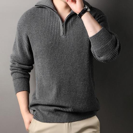 Men Fall Winter Sweater Lapel Loose Half Zipper Long Sleeves Mid Length Solid