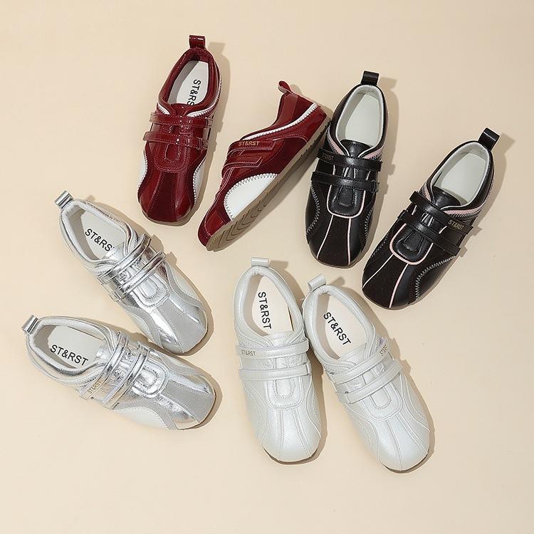Korean version of genuine leather ballet training shoes for women's 2025 summer new Velcro sports and leisure Mary Jane silver shoes