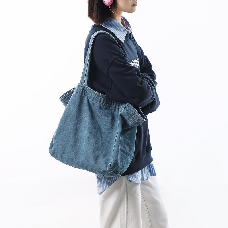 Japanese large-capacity denim bag men's and women's canvas large tote bag ins shoulder mother bag shopping bag student schoolbag