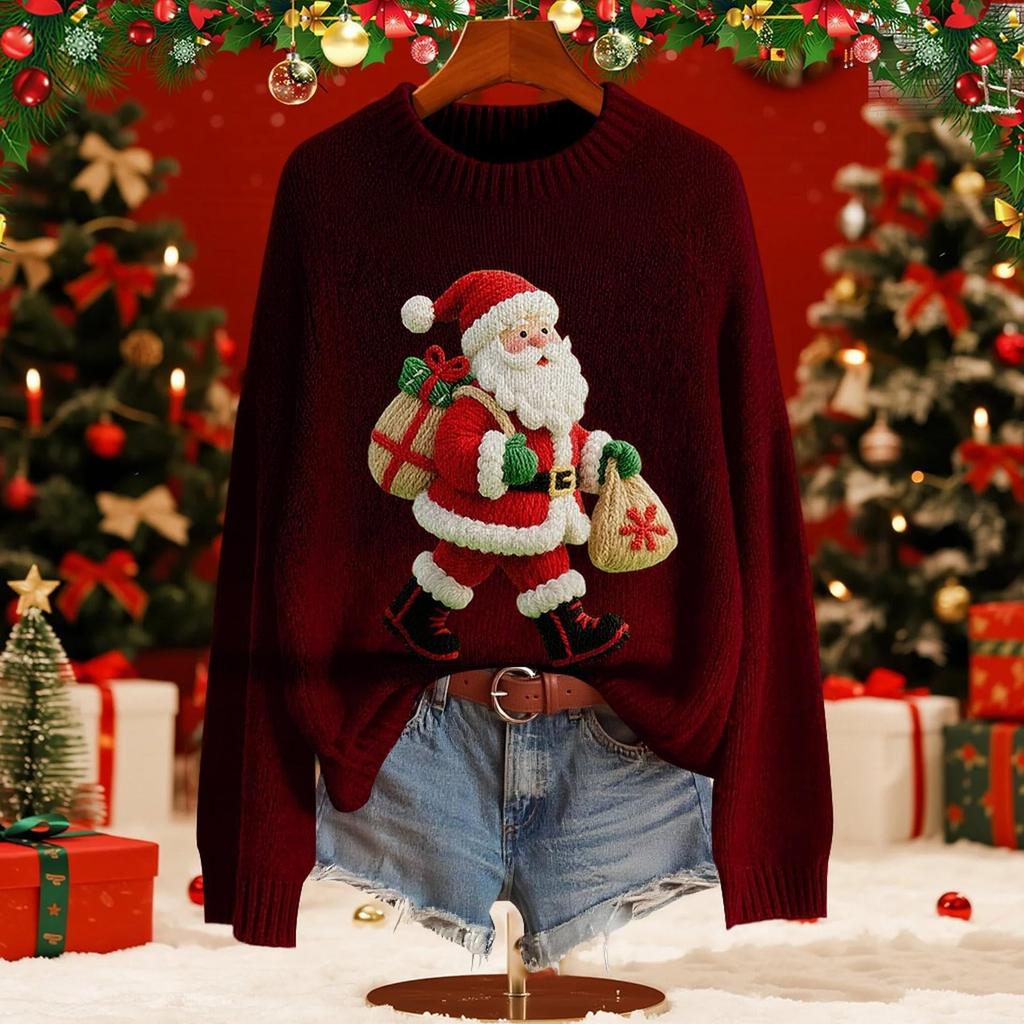 Женский модный пуловер с рождественским принтом, с длинным рукавом и вырезом под горло, вязаный свитер-топ
