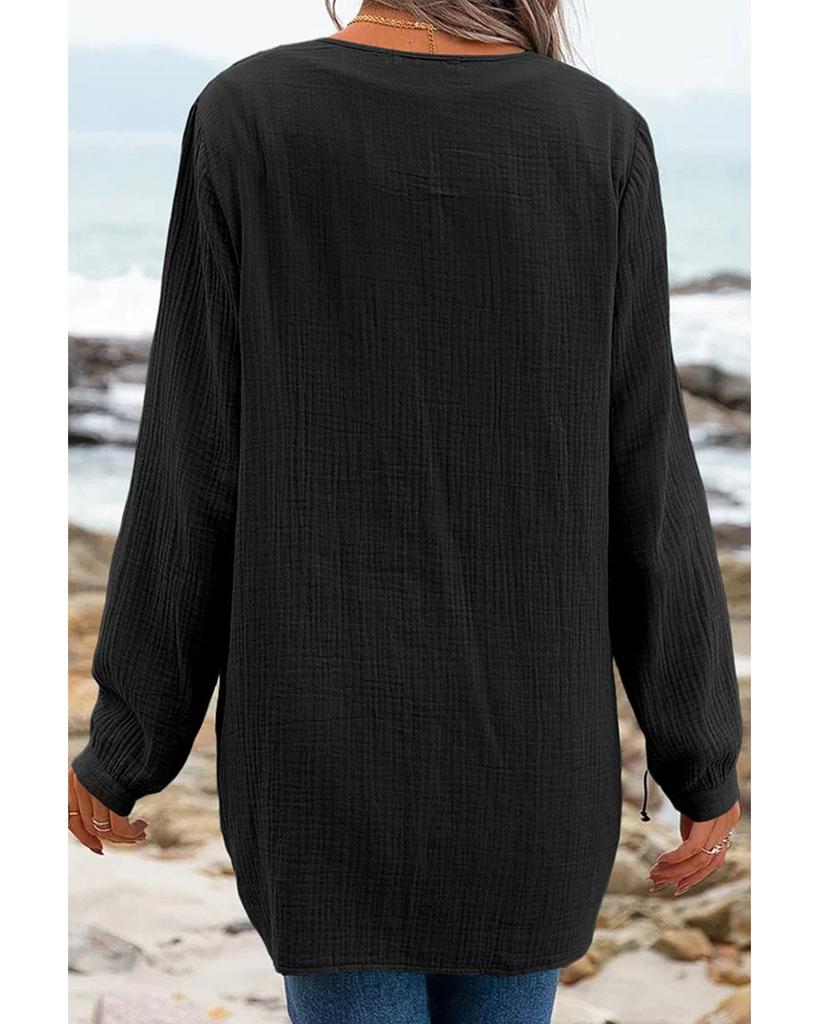 Azura Exchange Черный повседневный плиссированный V-образный вырез текстурированный свободный топ