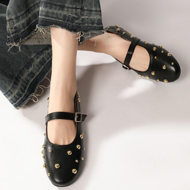 Модные туфли Мэри Джейн с заклепками, кожаные балетки, лето 2025, новая коллекция, классические, повседневные, удобные, мягкие, Zapatos De Mujer