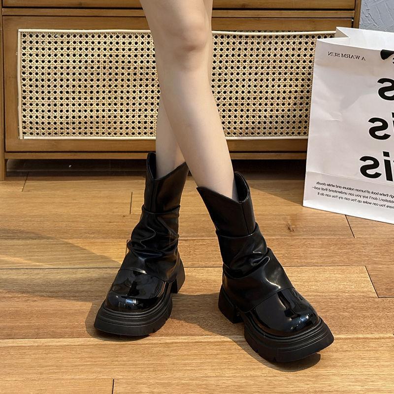 Толстый каблук толстая подошва короткие голенища маленькие тонкие одинарные ботинки 2025 осень и зима новая мода универсальные увеличивающие рост ботинки Мартин короткие ботинки женские