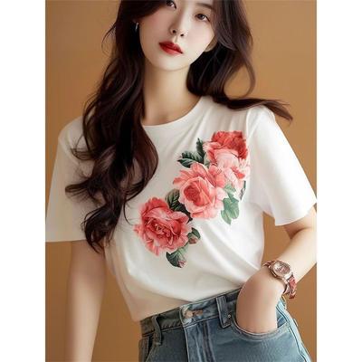 Летняя новая белая футболка с коротким рукавом и принтом роз для женщин, свежий и универсальный топ
