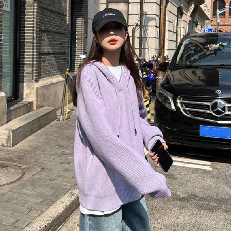 Solid Color Hooded Sweater Women Loose Gentle Style Handsome Vintage Hooded Sweater Top Autumn and Winter