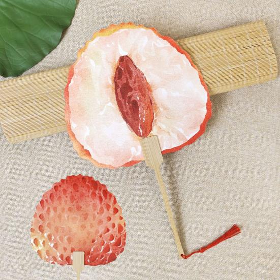 Fruit Print Fan with Wooden Long Handle Portable Lightweight Outdoor Travel Camping Picnic Summer Handheld Round Paper Fan