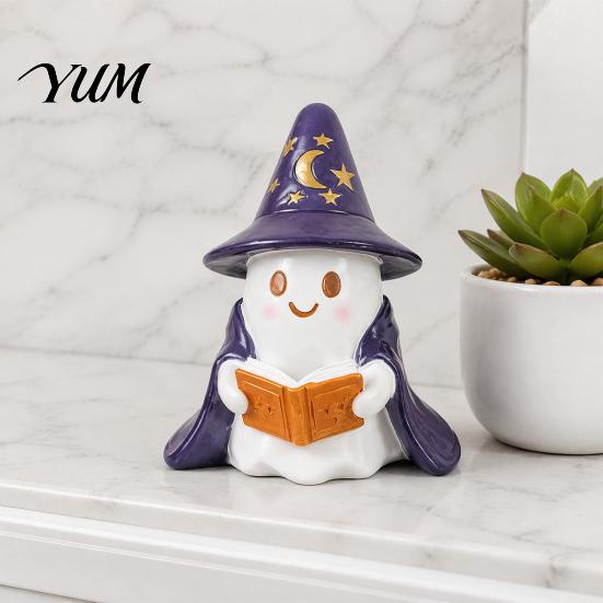 Whimsical Ghost Sculpture Lighted Figurine, Resin Wizard Statue with LED Light, Cute Indoor Halloween Accessories Reading Book Night Light for