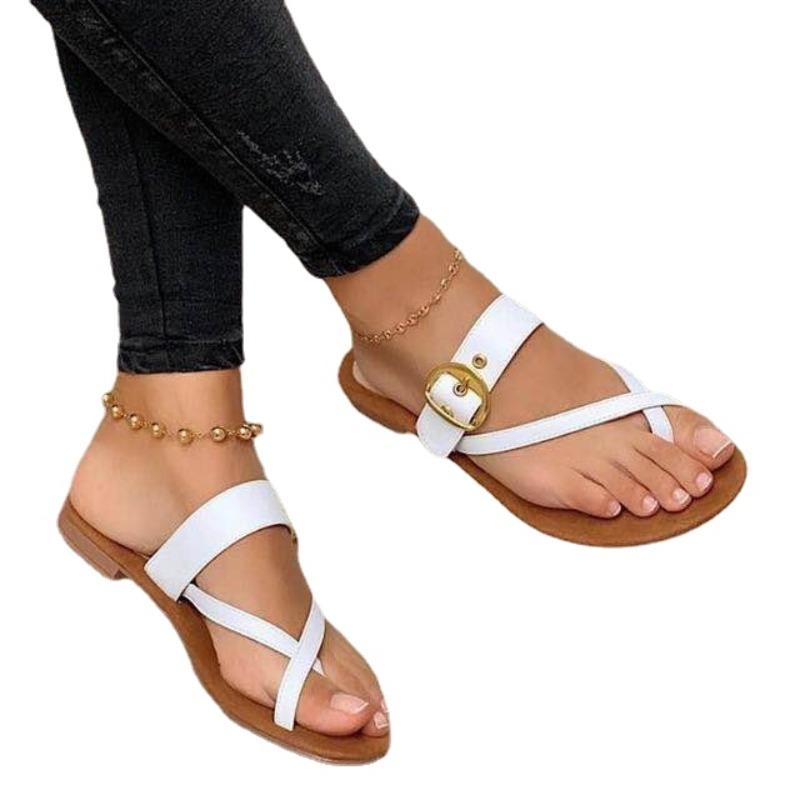 Обувь для женщин 2024 года, горячая распродажа, летние женские тапочки, однотонные, с пряжкой, украшением, открытым носком, на низком каблуке, римские тапочки-стринги для женщин