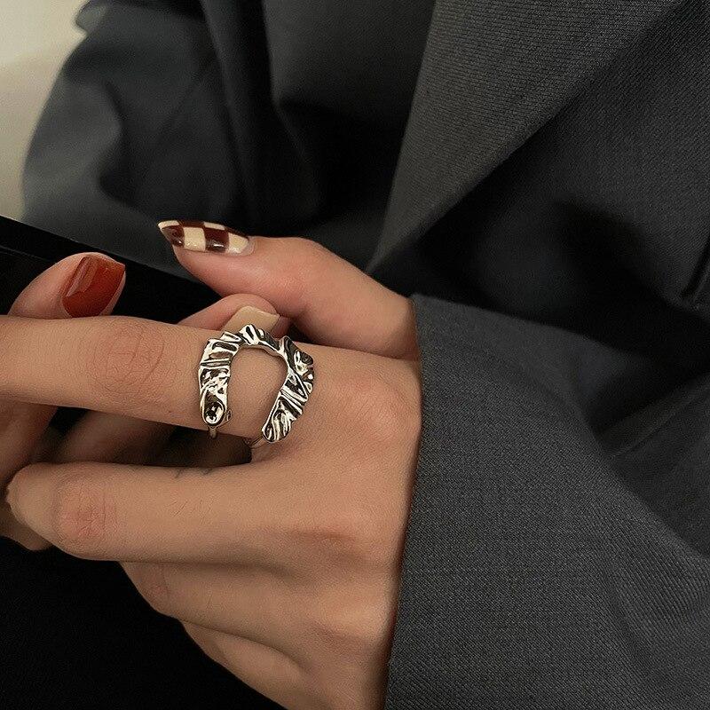 Trendy 925 Silver Sterling Geometric Irregular Open Ring For Women Handmade Simple Temperament Personality Jewelry